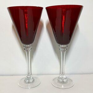 Lot of 2 Pier 1 Ruby Red Fluted / Ribbed Wine Glass W Clear Stem 9 1/2 "